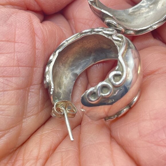 Vintage Sterling Silver Half Hoop Earrings With Intricate Swirl Design - Picture 3 of 8
